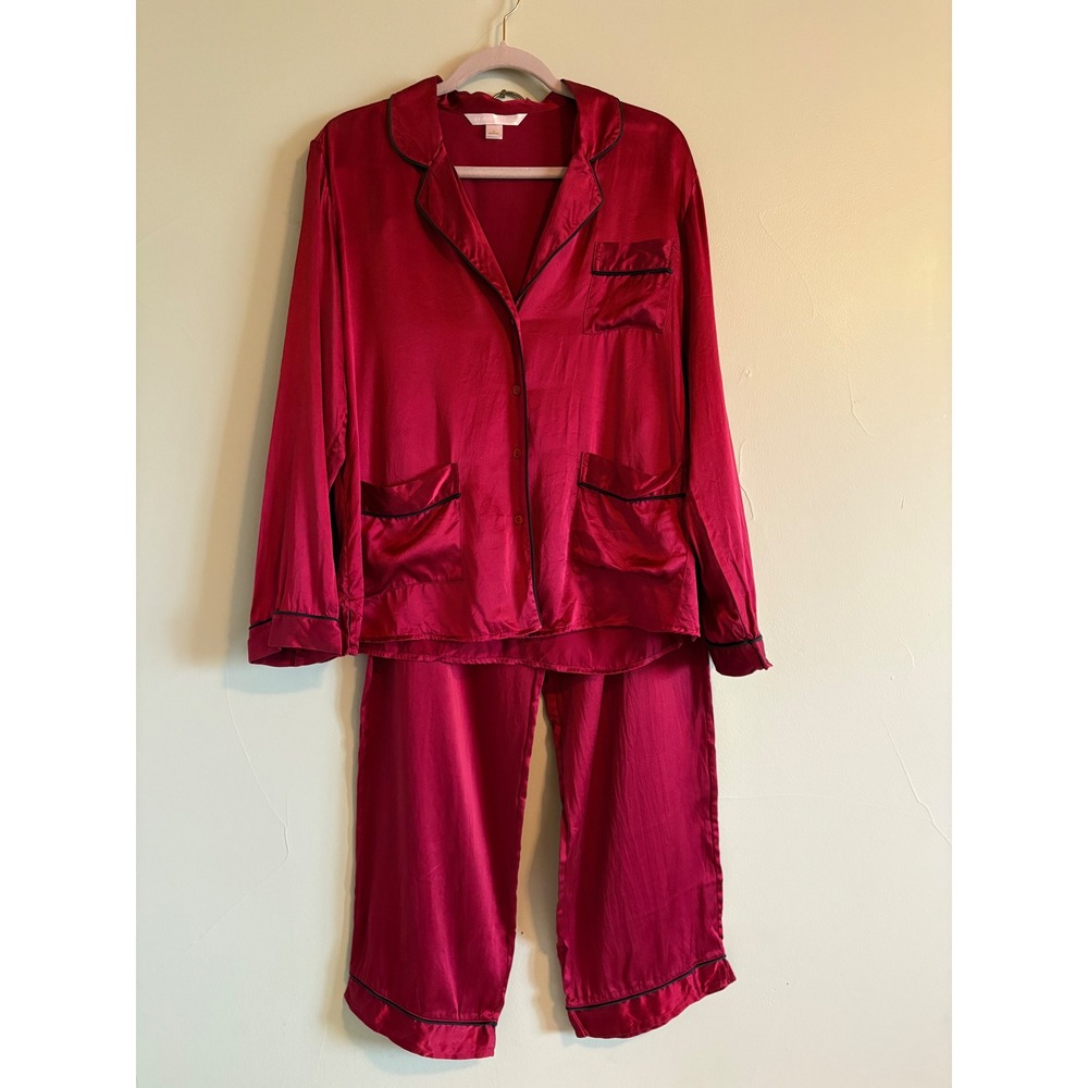 Victorias Secret Silk Collection Pajama Set Large Red 100% Silk Button Front PJ